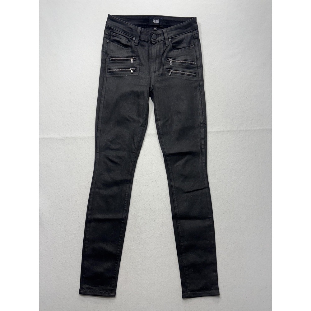 Paige High Rise Edgemont Jeans Womens 26 Black Coated Skinny Moto Zip Pockets